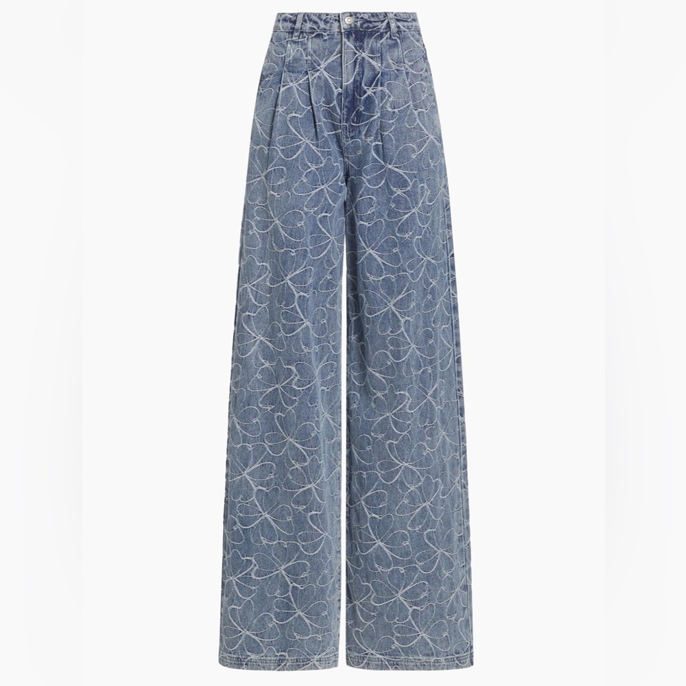 NWT Ramy Brook Adley Floral-Embroidered Denim Wide Leg Jeans Size 10